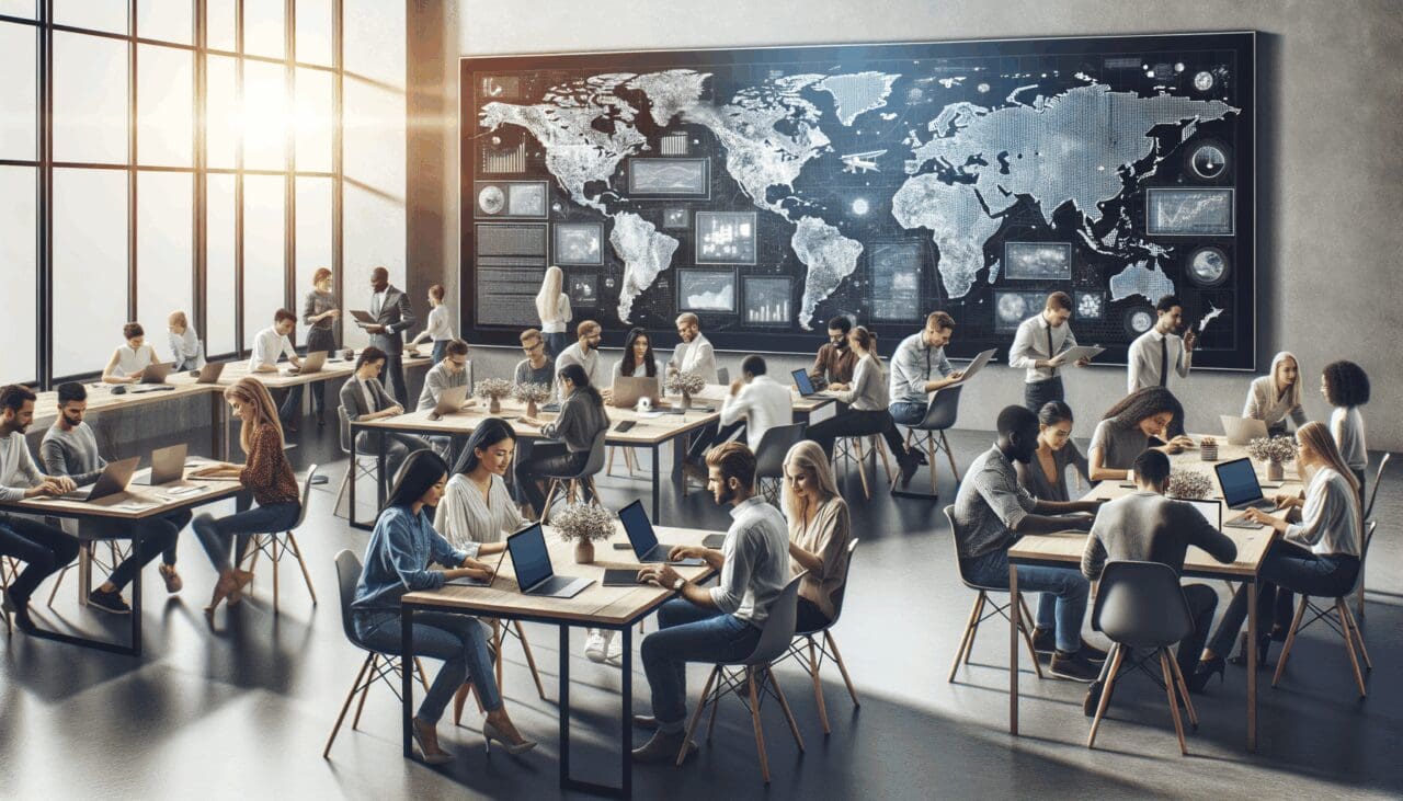 Personas colaborando en un entorno de coworking moderno, laptops y pantallas con mapas de Europa.