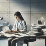 Persona sentada en escritorio usando una laptop, rodeada de papeles y dispositivos digitales en un entorno médico moderno.