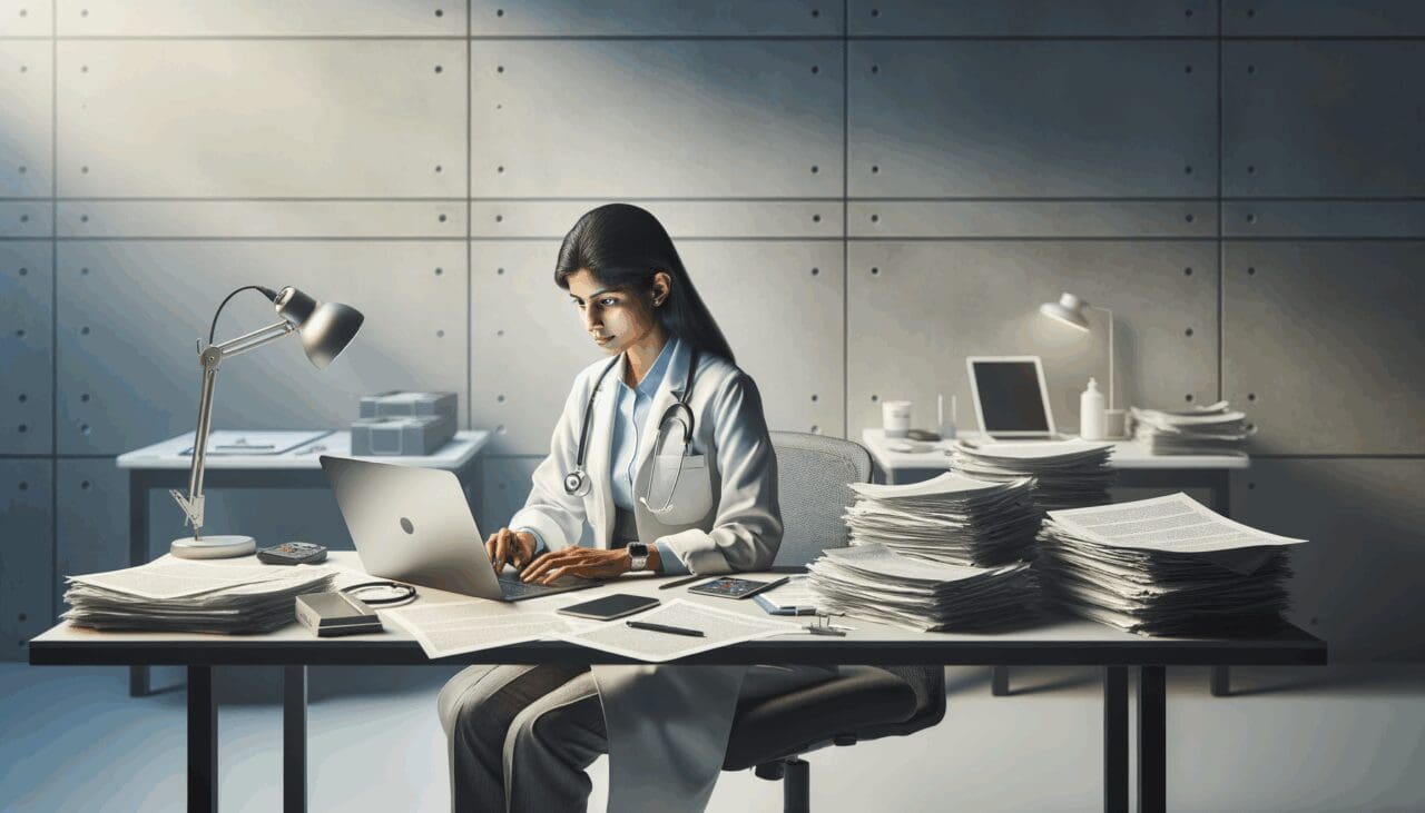 Persona sentada en escritorio usando una laptop, rodeada de papeles y dispositivos digitales en un entorno médico moderno.