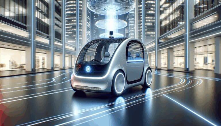 Foto de un vehículo autónomo futurista circulando por una ciudad moderna y luminosa.