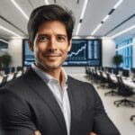 Retrato profesional de un emprendedor latinoamericano en oficina moderna, fondo tecnológico.