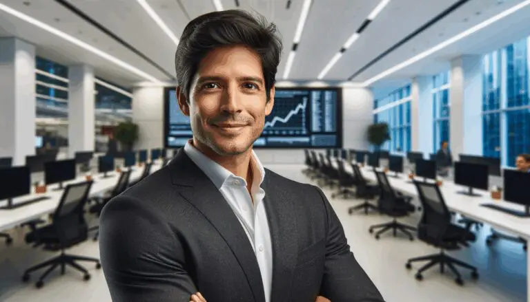 Retrato profesional de un emprendedor latinoamericano en oficina moderna, fondo tecnológico.