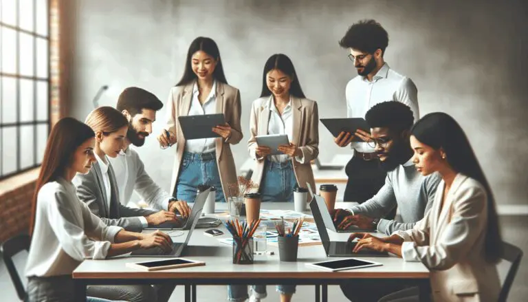 Grupo diverso de jóvenes emprendedores colaborando en un espacio de coworking moderno, con laptops y pizarras digitales.