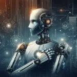 Ilustración abstracta de robótica y automatización digital sobre fondo tecnológico moderno.