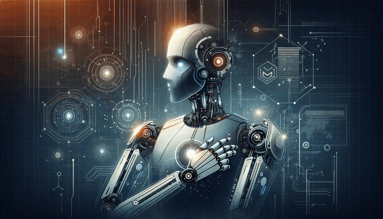 Ilustración abstracta de robótica y automatización digital sobre fondo tecnológico moderno.