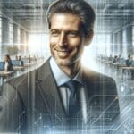 Retrato profesional de un inversor en un ambiente moderno de oficina, resaltando dinamismo y tecnología.