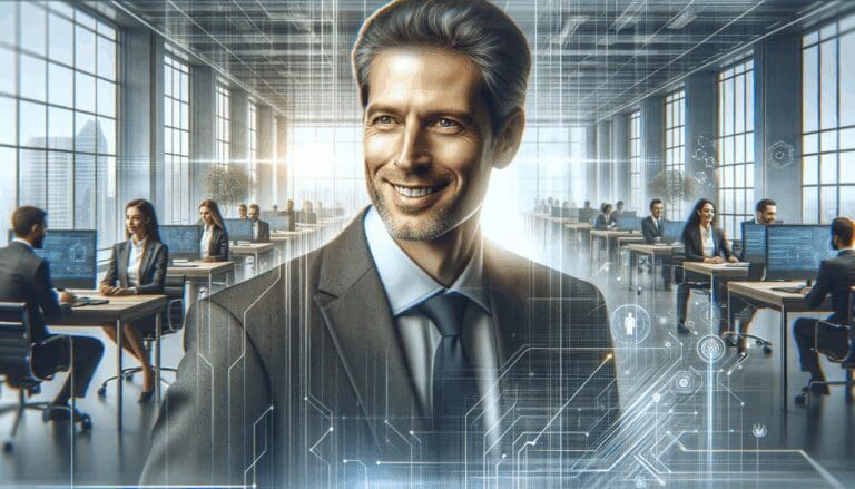 Retrato profesional de un inversor en un ambiente moderno de oficina, resaltando dinamismo y tecnología.