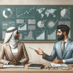 Ilustración editorial de dos emprendedores discutiendo un plan de negocios frente a una pizarra con gráficos y tecnología de fondo.