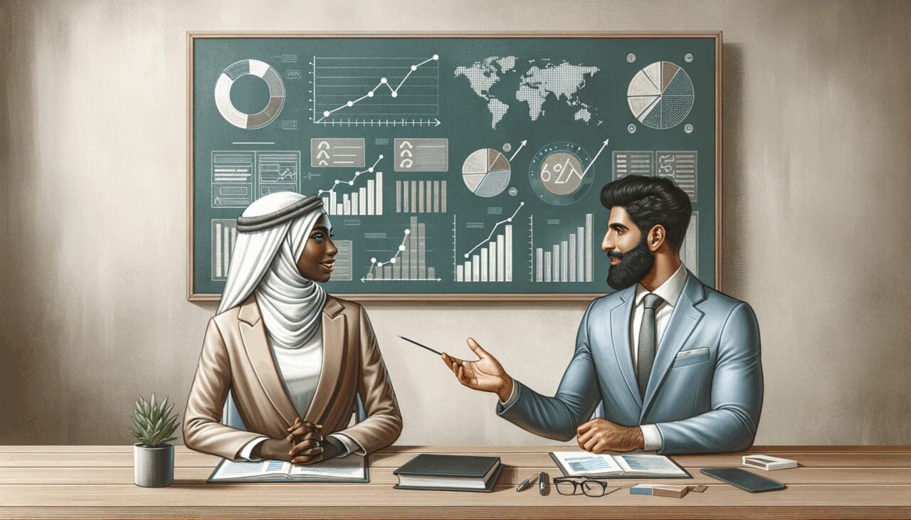 Ilustración editorial de dos emprendedores discutiendo un plan de negocios frente a una pizarra con gráficos y tecnología de fondo.