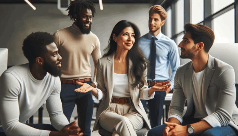 Fotografía profesional de un inversionista y un grupo de emprendedores en un moderno espacio de coworking.