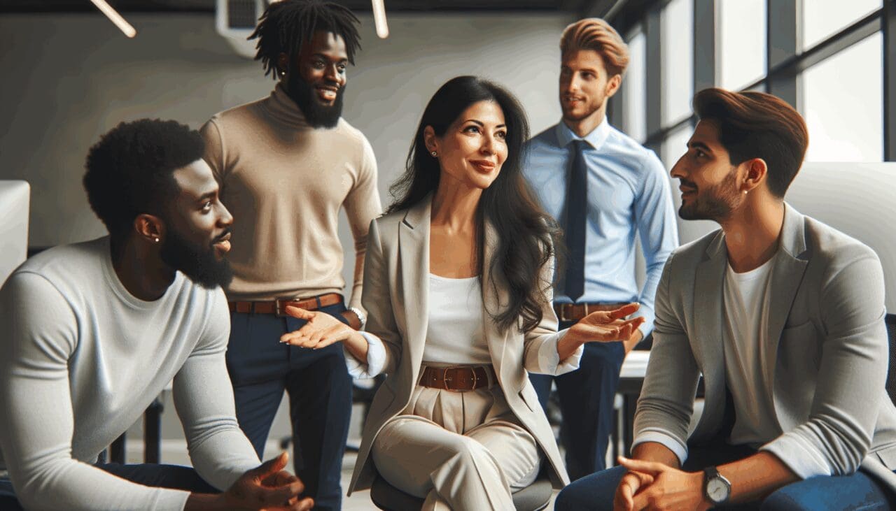 Fotografía profesional de un inversionista y un grupo de emprendedores en un moderno espacio de coworking.