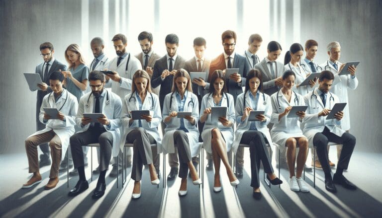 Equipo profesional de salud reunido utilizando dispositivos digitales en un entorno moderno de oficina.