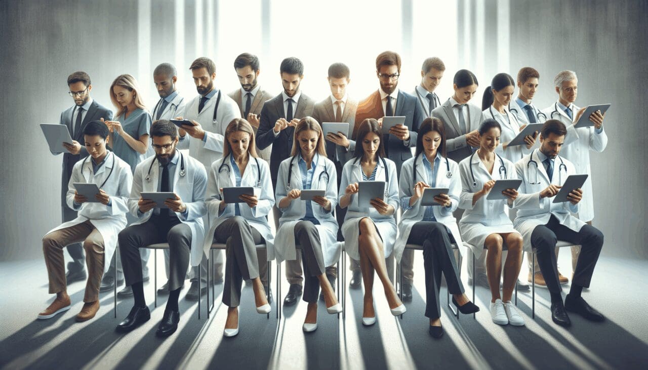 Equipo profesional de salud reunido utilizando dispositivos digitales en un entorno moderno de oficina.