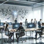 Oficina moderna con equipos tecnológicos y emprendedores colaborando en un espacio de coworking.