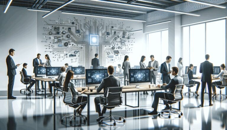 Oficina moderna con equipos tecnológicos y emprendedores colaborando en un espacio de coworking.