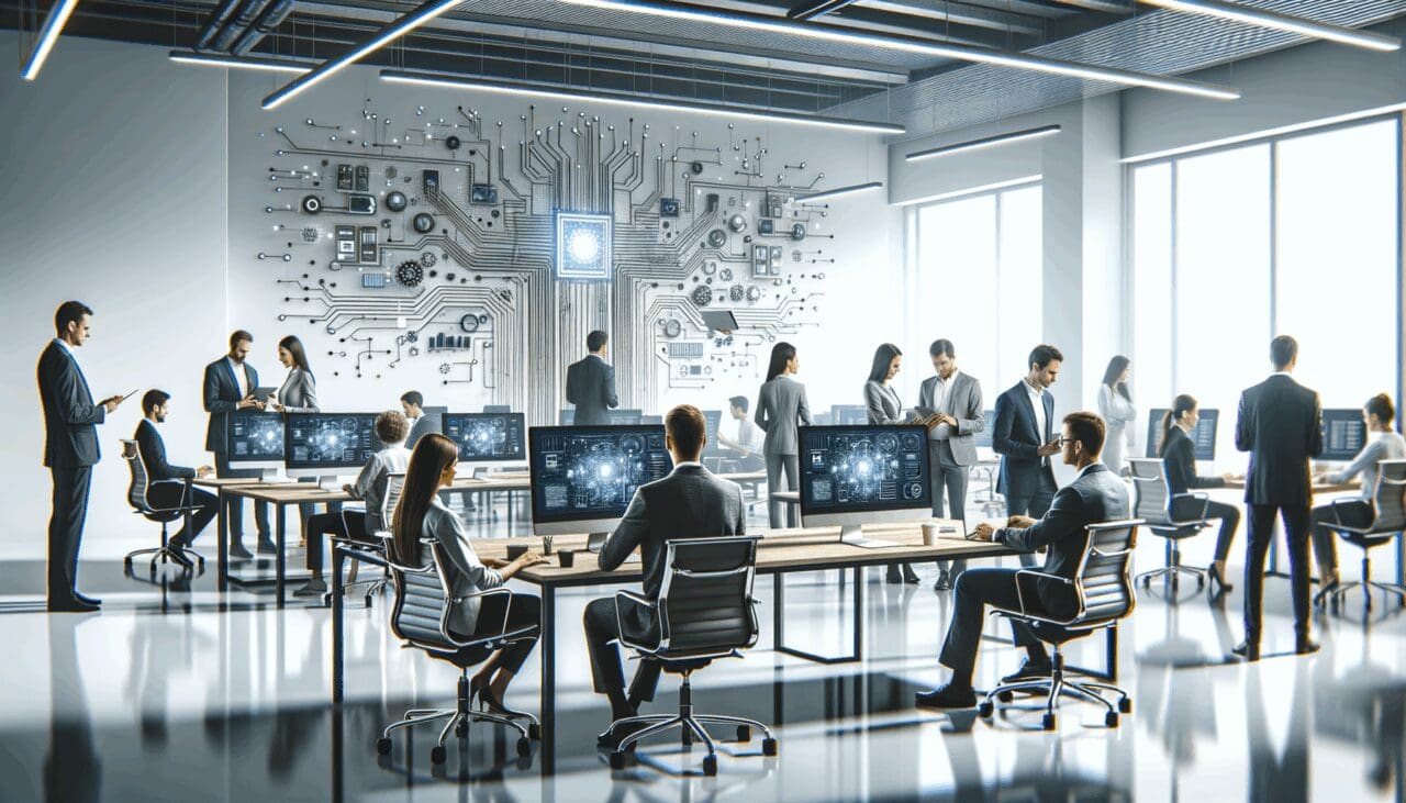 Oficina moderna con equipos tecnológicos y emprendedores colaborando en un espacio de coworking.