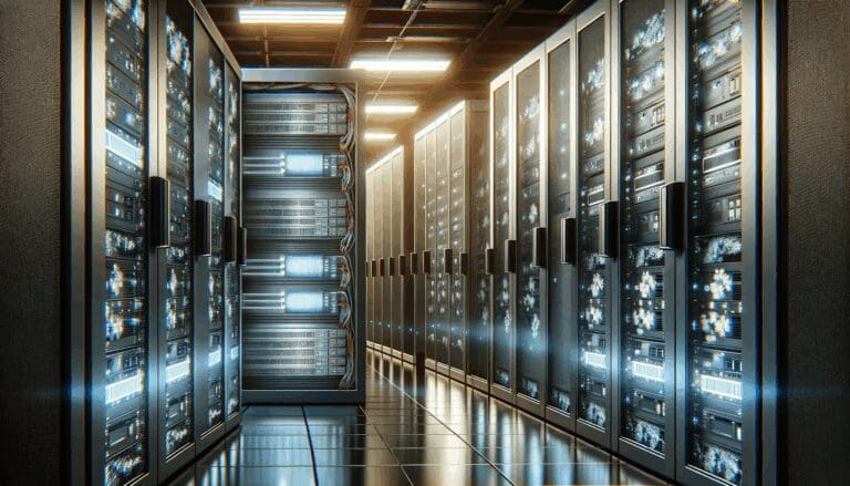 Primer plano de servidores y computadoras en un centro de datos moderno, reflejando tecnología avanzada y ambiente de innovación.