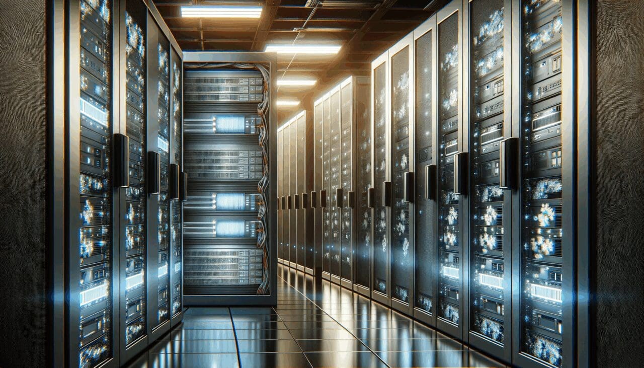 Primer plano de servidores y computadoras en un centro de datos moderno, reflejando tecnología avanzada y ambiente de innovación.