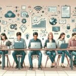 Ilustración de jóvenes trabajando en laptops rodeados de iconos tecnológicos y gráficos de inteligencia artificial en un espacio moderno.