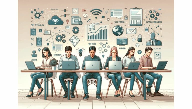 Ilustración de jóvenes trabajando en laptops rodeados de iconos tecnológicos y gráficos de inteligencia artificial en un espacio moderno.