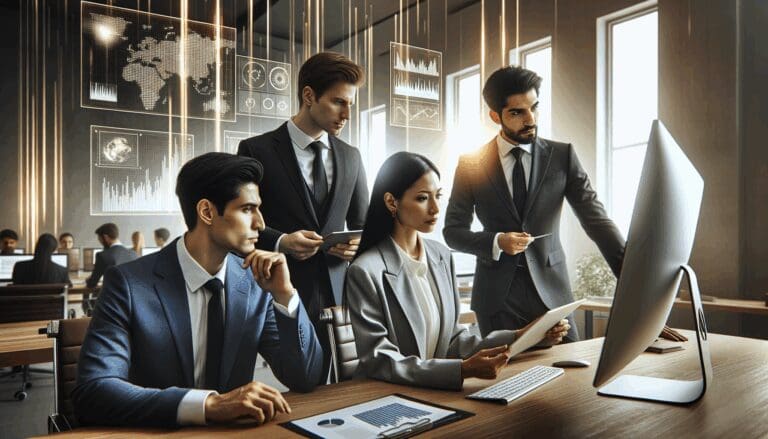 Abogados revisando información digital en una oficina moderna con pantallas y gráficos tecnológicos.