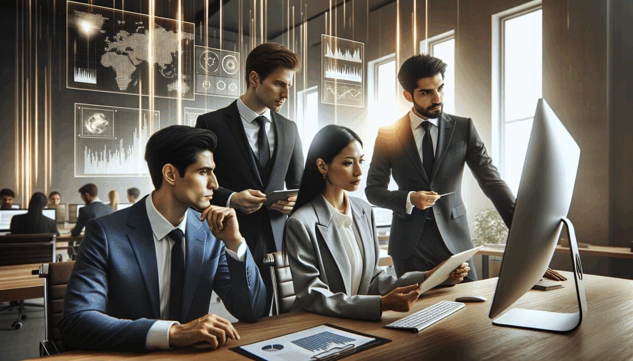 Abogados revisando información digital en una oficina moderna con pantallas y gráficos tecnológicos.