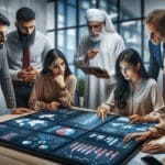 Equipo diverso de emprendedores colaborando frente a pantallas con gráficos e interacciones tecnológicas en una oficina moderna.