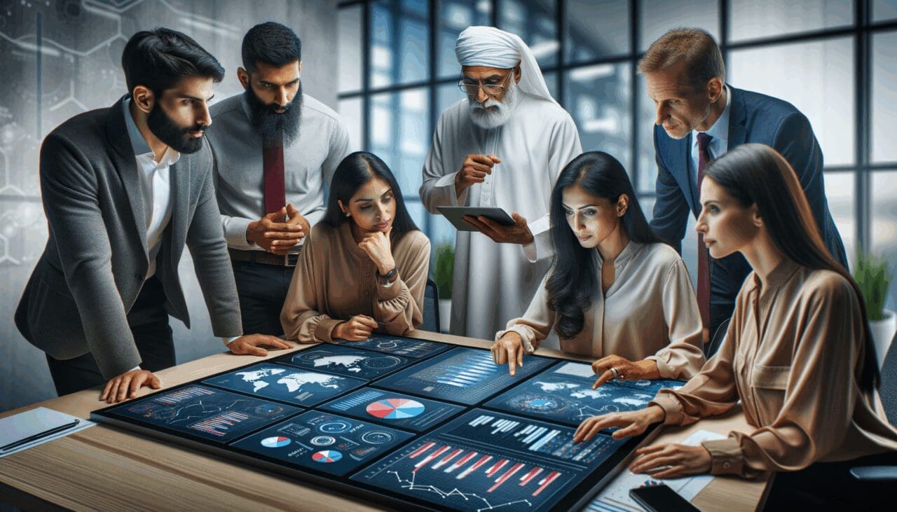 Equipo diverso de emprendedores colaborando frente a pantallas con gráficos e interacciones tecnológicas en una oficina moderna.