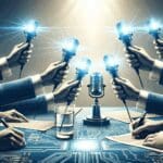 Ilustración de varias manos sosteniendo luces LED en tonos azules sobre una mesa de trabajo tecnológica.