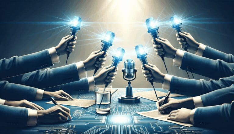 Ilustración de varias manos sosteniendo luces LED en tonos azules sobre una mesa de trabajo tecnológica.