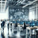 Oficinas modernas de tecnología con equipos diversos colaborando en un entorno dinámico.