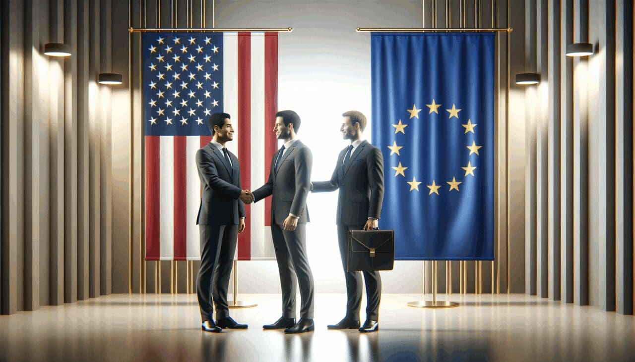 Dos ejecutivos dándose la mano frente a banderas de Estados Unidos y la Unión Europea, fondo minimalista y moderno.