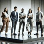 Grupo diverso de emprendedores en escenario durante un evento de tecnología en un auditorio moderno, ambiente colaborativo.