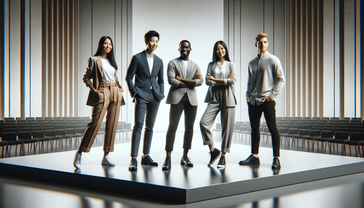 Grupo diverso de emprendedores en escenario durante un evento de tecnología en un auditorio moderno, ambiente colaborativo.