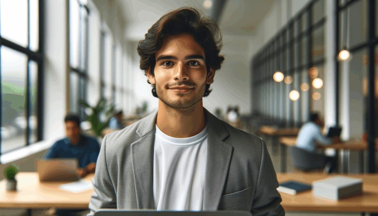 Retrato de un joven emprendedor latinoamericano trabajando en un espacio de coworking moderno y luminoso.