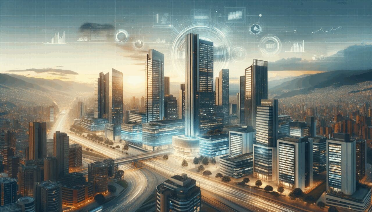 Skyline moderno de Bogotá con edificios de oficinas y ambiente tecnológico al atardecer.
