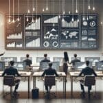 Oficina moderna con emprendedores colaborando frente a computadoras y pantallas digitales.