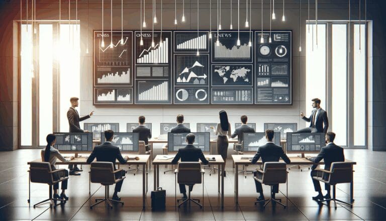 Oficina moderna con emprendedores colaborando frente a computadoras y pantallas digitales.