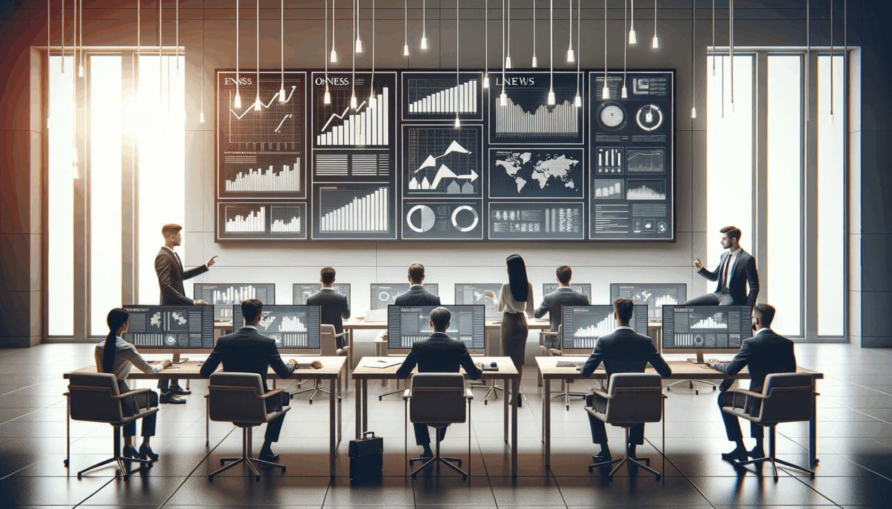 Oficina moderna con emprendedores colaborando frente a computadoras y pantallas digitales.