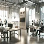 Oficina moderna de startup tecnológica con equipos colaborando y ambiente innovador.