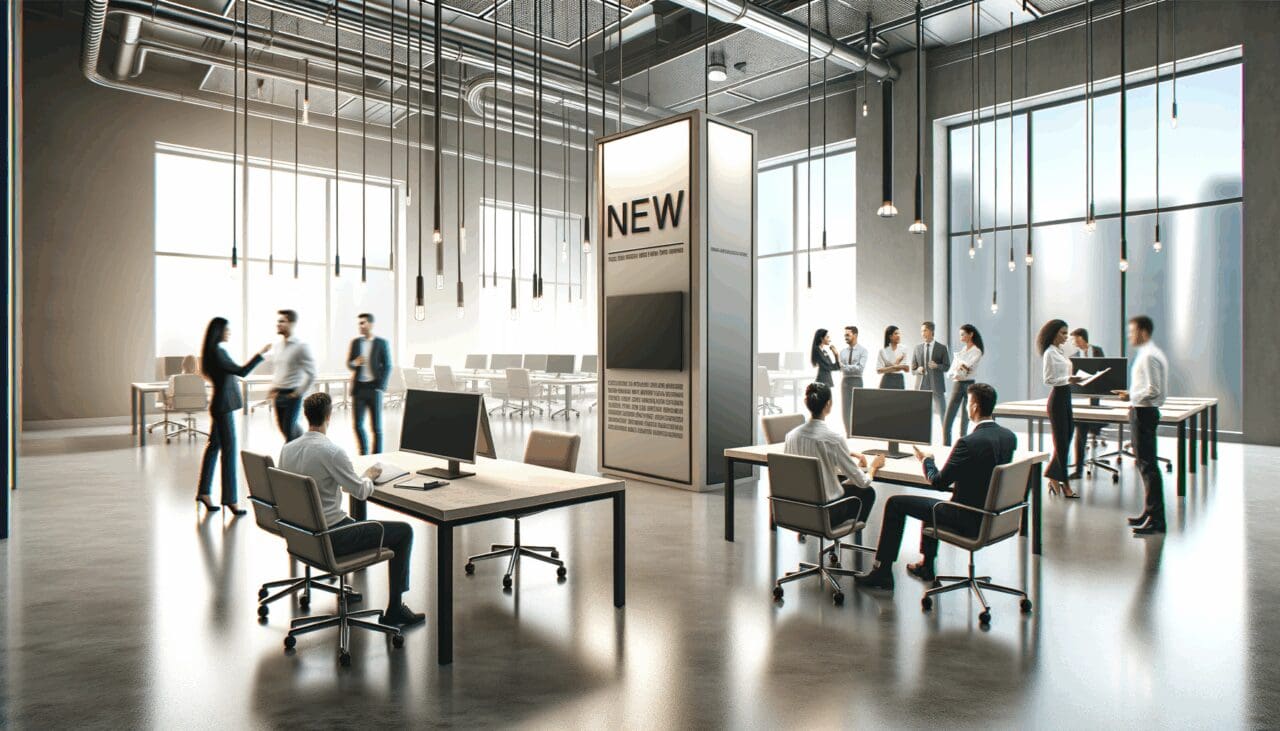 Oficina moderna de startup tecnológica con equipos colaborando y ambiente innovador.