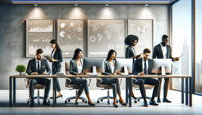 Equipo diverso trabajando con pantallas digitales y datos, ambiente moderno de oficina.