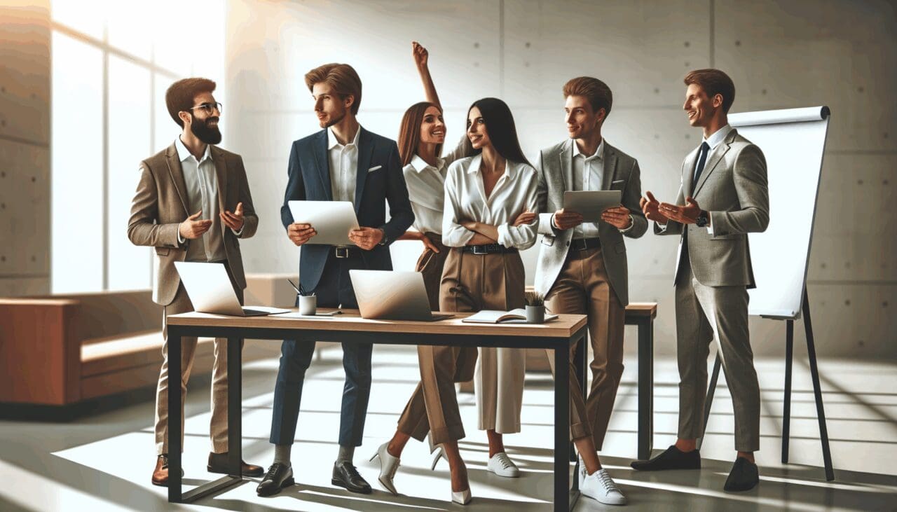 Emprendedores colaborando en un espacio de coworking moderno, con computadores portátiles y pizarras.