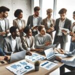 Equipo de jóvenes emprendedores reunidos frente a laptops, discutiendo gráficos digitales en una oficina moderna y minimalista.