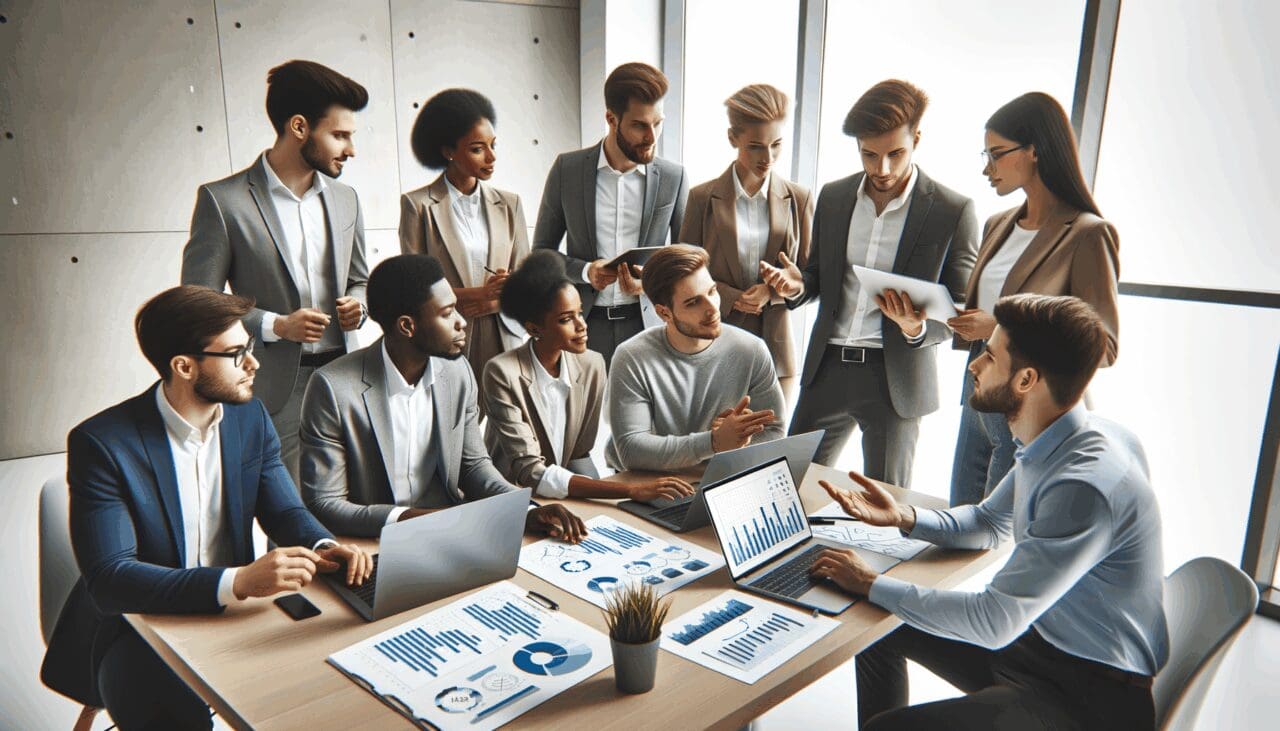 Equipo de jóvenes emprendedores reunidos frente a laptops, discutiendo gráficos digitales en una oficina moderna y minimalista.