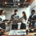 Grupo diverso de emprendedores revisando prototipos tecnológicos en un espacio de coworking luminoso.