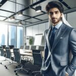 Retrato moderno de ejecutivo saliendo de una sala de reuniones en oficina tecnológica luminosa.