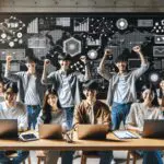 Grupo de jóvenes emprendedores asiáticos trabajando en un espacio moderno rodeado de laptops y pizarras tecnológicas.