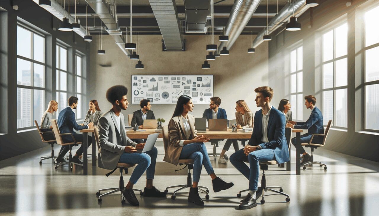 Jóvenes emprendedores conversando en un espacio de coworking moderno, con laptops y pizarras digitales al fondo.