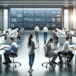 Equipo de jóvenes ingenieros trabajando frente a pantallas en una oficina moderna con gráficos tecnológicos.